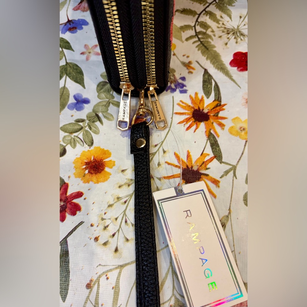 NWT RAMPAGE Black Floral Embroidered Wristlet Wallet with Gold Logo - Picture 6 of 6